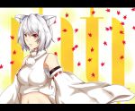  1girl animal_ears autumn_leaves bare_shoulders breasts detached_sleeves inubashiri_momiji kuroi_no leaf looking_at_viewer midriff navel pom_pom_(clothes) red_eyes sarashi short_hair silver_hair solo touhou wolf_ears 