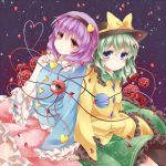  2girls blue_eyes flower green_hair hairband heart holding_hands komeiji_koishi komeiji_satori multiple_girls purple_hair red_eyes rose short_hair siblings sisters skirt tamichan third_eye touhou 