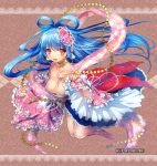  1girl barefoot blue_hair blush breasts cleavage dress earrings flower fuji_minako hair_rings japanese_clothes jewelry long_hair long_sleeves necklace open_mouth pearl_necklace red_eyes shell smile solo unmei_no_clan_battle 