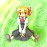  1girl :d ascot between_legs blonde_hair blouse fang grass hand_between_legs open_mouth red_eyes rody_(hayama_yuu) rumia short_hair sitting skirt smile touhou vest 