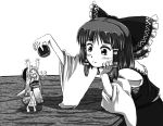  &gt;_&lt; 2girls :d arms_up bow bowl chin_rest detached_sleeves hair_bow hair_tubes hakurei_reimu hands_up hato_(grazie_a_domani_7) japanese_clothes kimono leaning_forward looking_at_another minigirl monochrome multiple_girls open_mouth reaching rice_bowl short_hair sitting smile sukuna_shinmyoumaru table teasing tiptoes touhou trembling xd 