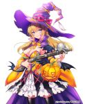  1girl bat_wings black_legwear black_wings blonde_hair blue_eyes blush breasts cape character_request cleavage detached_sleeves female fuji_minako gun halloween hat holding_weapon long_hair long_sleeves official_art original pumpkin sengoku_gensoukyoku skirt skull smile solo strapless thigh-highs watermark weapon white_background wings witch_hat 