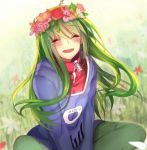 1girl aki663 blush closed_eyes green_hair head_wreath hoodie kagerou_project kido_tsubomi long_hair smile solo tears 