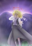  1girl :d ^_^ ^o^ blonde_hair blouse closed_eyes ex-rumia hair_tucking halo hill lens_flare open_mouth red_eyes rumia short_hair skirt smile tennenmoe touhou twilight vest 