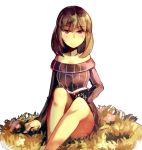  1girl bare_legs bob_cut book brown_hair flower frown grass jitome legs looking_at_viewer off-shoulder_sweater on_ground open_book original red_eyes ribbed_sweater sitting solo sweater tthal 