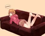  1girl barefoot brown_eyes brown_hair character_name couch hoodie kagerou_project kisaragi_momo legs_up lying maro_(gj_world) orange_hair shorts side_ponytail speech_bubble 