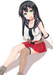  1girl agano_(kantai_collection) arm_support belly_peek binsen black_hair blush breasts cleavage gloves green_eyes highres kantai_collection long_hair looking_at_viewer open_mouth personification school_uniform serafuku skirt solo white_gloves 