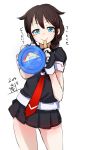  1girl artist_name black_hair blue_eyes blurry braid dated depth_of_field fingerless_gloves food gloves hair_ornament highres ice_cream ice_cream_spoon kantai_collection long_hair looking_at_viewer momo_(higanbana_and_girl) personification pleated_skirt school_uniform serafuku shigure_(kantai_collection) short_sleeves signature simple_background single_braid skirt solo translated white_background 