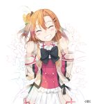  1girl ^_^ bow clenched_hands clenched_teeth closed_eyes flower hair_flower hair_ornament hairclip kousaka_honoka love_live!_school_idol_project orange_hair short_hair side_ponytail solo white_background yunamul 