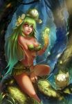  1girl amalia_sheran_sharm bare_shoulders breasts cleavage dark_skin flower forest green_hair hair_flower hair_ornament highres ling0101 lips long_hair midriff nature navel orange_eyes panties sadida sitting solo underwear wakfu white_panties 