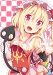 1girl :d adapted_costume blonde_hair detached_sleeves fang flandre_scarlet heart heart-shaped_pupils kan_lee laevatein looking_at_viewer magical_girl mob_cap open_mouth red_eyes shirt side_ponytail skirt smile solo symbol-shaped_pupils touhou v white_background 