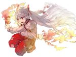  1girl albino bow colored fire fujiwara_no_mokou geppewi hair_bow hair_ornament juliet_sleeves long_hair long_sleeves ofuda pants puffy_sleeves red_eyes shoes simple_background sketch solo touhou very_long_hair white_background white_hair 
