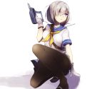  1girl black_legwear blue_eyes blush breasts cannon gloves gun hair_ornament hair_over_one_eye hairclip hamakaze_(kantai_collection) kantai_collection negaeri_(nemurieri) pantyhose personification pleated_skirt school_uniform serafuku short_hair silver_hair skirt solo turret weapon white_gloves white_hair 