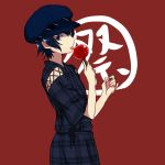  1girl alternate_costume androgynous blue_eyes blue_hair cabbie_hat candy_apple hat highres iketsuko japanese_clothes kimono licking persona persona_4 persona_4_the_golden reverse_trap shirogane_naoto short_hair solo yukata 