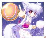  1girl animal_ears blush cotton_candy fang holding_food inubashiri_momiji iwaki_hazuki japanese_clothes kimono light_particles long_sleeves looking_at_viewer obi open_mouth outstretched_arm red_eyes sash short_hair silver_hair simple_background solo tagme tail touhou wide_sleeves wolf_ears wolf_tail yukata 