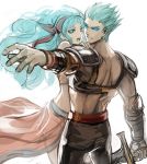  1boy 1girl blue_eyes blue_hair dress hairband long_hair moreshan noel_(romancing_saga_2) outstretched_arm pants rocbouquet romancing_saga_2 saga shoulder_pads sketch smile spiky_hair sword weapon white_background 