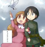  1boy 1girl arctic_tern bird brown_hair copyright_request dress feathers kyurara locked_arms long_hair looking_up pointing smile uniform very_long_hair 