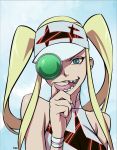  1girl blonde_hair blue_eyes bust hakodate_omiko highres kill_la_kill long_hair long_tongue looking_at_viewer naughty_face scope sharp_teeth sleeveless solo tongue tongue_out twintails typo_(requiemdusk) visor_cap wristband 