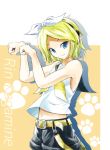  1girl blonde_hair blue_eyes character_name hairband kagamine_rin looking_at_viewer midriff one_eye_closed paw_pose sailor_collar shorts sleeveless solo takkan vocaloid wink 