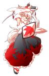  1girl alphes_(style) animal_ears bare_shoulders dairi hat highres inubashiri_momiji katana looking_at_viewer one_eye_closed parody pom_pom_(clothes) red_eyes shield shirt short_hair silver_hair solo style_parody sword tail tokin_hat touhou weapon white_shirt wink wolf_ears wolf_tail 