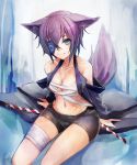  1girl animal_ears bike_shorts blue_eyes breasts cat_ears cat_tail cleavage eyepatch highres looking_at_viewer navel purple_hair short_hair short_shorts shorts smile solo tail taishi_(artist) thighs 