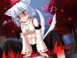  1boy 1girl animal_ears autumn_leaves bare_shoulders blush breasts detached_sleeves forest hat inubashiri_momiji leaf looking_down nature pom_pom_(clothes) red_eyes shirt short_hair silver_hair sitting sitting_on_person skirt tail tail_wagging tokin_hat touhou tree white_shirt wolf_ears wolf_tail 
