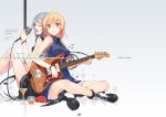  2girls bare_shoulders boots breasts closed_eyes drinking_glass guitar indian_style instrument long_hair looking_at_viewer microphone miz multiple_girls open_mouth orange_hair red_eyes silver_hair singing sitting smile 