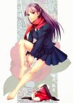  1girl barefoot benten-sama_(uchouten_kazoku) character_name copyright_name floral_print furu_(retr0e) purple_hair red_scarf scarf school_uniform shoes_removed skirt smile socks_removed uchouten_kazoku younger 