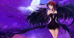  1girl ;) akemi_homura akuma_homura bare_shoulders black_hair bow dress elbow_gloves feathered_wings feathers gloves hair_bow half_moon long_hair mahou_shoujo_madoka_magica mahou_shoujo_madoka_magica_movie night night_sky playing_with_own_hair sky solo star_(sky) violet_eyes wings wink 