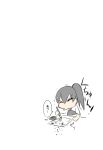  1girl black_hair calligraphy calligraphy_brush comic japanese_clothes kaga_(kantai_collection) kantai_collection long_hair muneate paintbrush saida side_ponytail sneezing solo translated white_background 