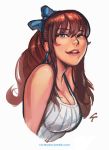 1girl bliss_barson blue_eyes bow breasts brown_hair caleb_thomas cleavage cryamore earrings eyeshadow hair_bow highres jewelry large_breasts long_hair makeup mole smile solo watermark web_address 