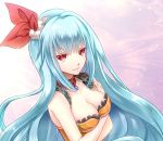  1girl blue_hair breasts choker cleavage collarbone crossed_arms gradient gradient_background hair_ornament long_hair pink_background red_eyes rocbouquet romancing_saga_2 saga smile solo white_background yuuri_mitsuki 