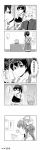  1boy 2girls absurdres admiral_(kantai_collection) bare_shoulders comic detached_sleeves double_bun hair_ornament hairband headgear highres japanese_clothes kaga_(kantai_collection) kantai_collection kongou_(kantai_collection) long_hair monochrome multiple_girls muneate nontraditional_miko personification shigure-p short_hair side_ponytail translated 