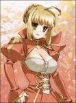  1girl ahoge blonde_hair breasts cleavage dress epaulettes fate/extra fate_(series) green_eyes large_breasts saber saber_extra solo warai 