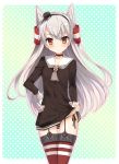  1girl amatsukaze_(kantai_collection) bad_id black_panties blush brown_eyes garter_straps gloves highres kantai_collection kimishima_ao long_hair looking_at_viewer panties red_legwear school_uniform serafuku side-tie_panties silver_hair single_glove solo striped striped_legwear thighhighs twintails underwear white_gloves zettai_ryouiki 