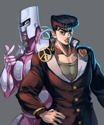  2boys black_eyes black_hair crazy_diamond gakuran grey_background higashikata_jousuke highres jojo_no_kimyou_na_bouken multiple_boys pompadour ruukii_drift school_uniform simple_background stand_(jojo) 