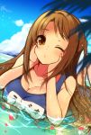  1girl braid breasts brown_eyes brown_hair cleavage idolmaster idolmaster_cinderella_girls long_hair lying o3o on_stomach one_eye_closed pochi_(pochi-goya) school_swimsuit shimamura_uzuki swimsuit wink 