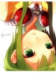  1girl bare_shoulders character_name close-up etsuo goggles green_eyes green_hair gumi payot short_hair short_hair_with_long_locks solo upside-down vocaloid 