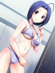  1girl ahoge bikini blue_hair blush breasts cleavage idolmaster looking_at_viewer miura_azusa muhi11234 navel short_hair smile solo swimsuit violet_eyes white_bikini white_swimsuit 