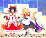  2girls animal_ears apron ascot black_boots black_gloves black_hair black_skirt blonde_hair blush boots bow braid cat_ears cat_tail chain collar cross-laced_footwear detached_sleeves dog_collar dress eye_contact gloves hair_bow hair_tubes hakurei_reimu hands_together hat hat_bow hat_removed headwear_removed holding holding_hat kirisame_marisa long_hair long_sleeves looking_at_another multiple_girls muzuki_uruu open_mouth paw_print payot purple_bow red_bow red_eyes red_scarf ribbon scarf short_hair side_braid skirt standing tail tail_ribbon touhou vest waist_apron white_bow witch_hat yellow_eyes 
