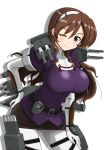  1girl aa_gun ashigara_(kantai_collection) blush breasts brown_eyes brown_hair cannon elbow_gloves gloves hair_ornament hairband kantai_collection koutarou_(plusdrive) long_hair one_eye_closed pantyhose pencil_skirt personification skirt solo torpedo turret white_gloves white_legwear wink 