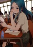  1girl black_eyes blue_hair blush book eraser eventh7 highres long_hair original pencil school_desk school_uniform simple_background sitting skirt solo_focus 