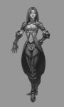  1girl breasts cleavage copyright_request expressionless full_body greaves long_hair looking_at_viewer monochrome pants saya_no_uta_(artist) solo standing 