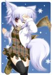 1girl animal_ears black_legwear blush breasts contemporary dress fang hand_on_head highres inubashiri_momiji iwaki_hazuki looking_at_viewer one_eye_closed open_mouth red_eyes scarf short_hair silver_hair snow solo tail touhou wink winter winter_clothes wolf_ears wolf_tail 