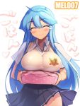  1girl blue_hair blush breasts closed_eyes hair_ribbon large_breasts long_hair mel/a melmaid obentou original panties ribbon rough school_uniform simple_background skirt smile solo sweater_vest underwear white_panties 