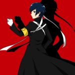  1girl alternate_costume armband blue_eyes blue_hair crossdressinging gakuran gloves headband highres iketsuko looking_at_viewer looking_back persona persona_4 persona_4_the_golden reverse_trap school_uniform shirogane_naoto short_hair solo white_gloves 