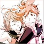  1boy 1girl ^_^ brother_and_sister chin_rest closed_eyes grin juu_(juuzi) kagamine_len kagamine_rin looking_up monochrome poking sailor_collar short_hair siblings sitting smile vocaloid 