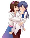  2girls amami_haruka blue_hair blush brown_eyes brown_hair green_eyes hair_ribbon hug hug_from_behind idolmaster juu_(juuzi) kisaragi_chihaya long_hair multiple_girls ribbon short_hair smile yuri 