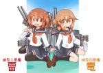  2girls black_legwear brown_eyes brown_hair character_name folded_ponytail hair_ornament hairclip hanomidori highres ikazuchi_(kantai_collection) inazuma_(kantai_collection) kantai_collection looking_at_viewer multiple_girls neckerchief personification pleated_skirt school_uniform serafuku short_hair skirt thigh-highs zettai_ryouiki 