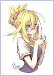 1girl :/ absurdres blonde_hair border bust fingernails fingers_together glasses green_eyes hair_bobbles hair_ornament half_updo highres hong_(white_spider) looking_at_viewer original rough signature solo steepled_fingers 